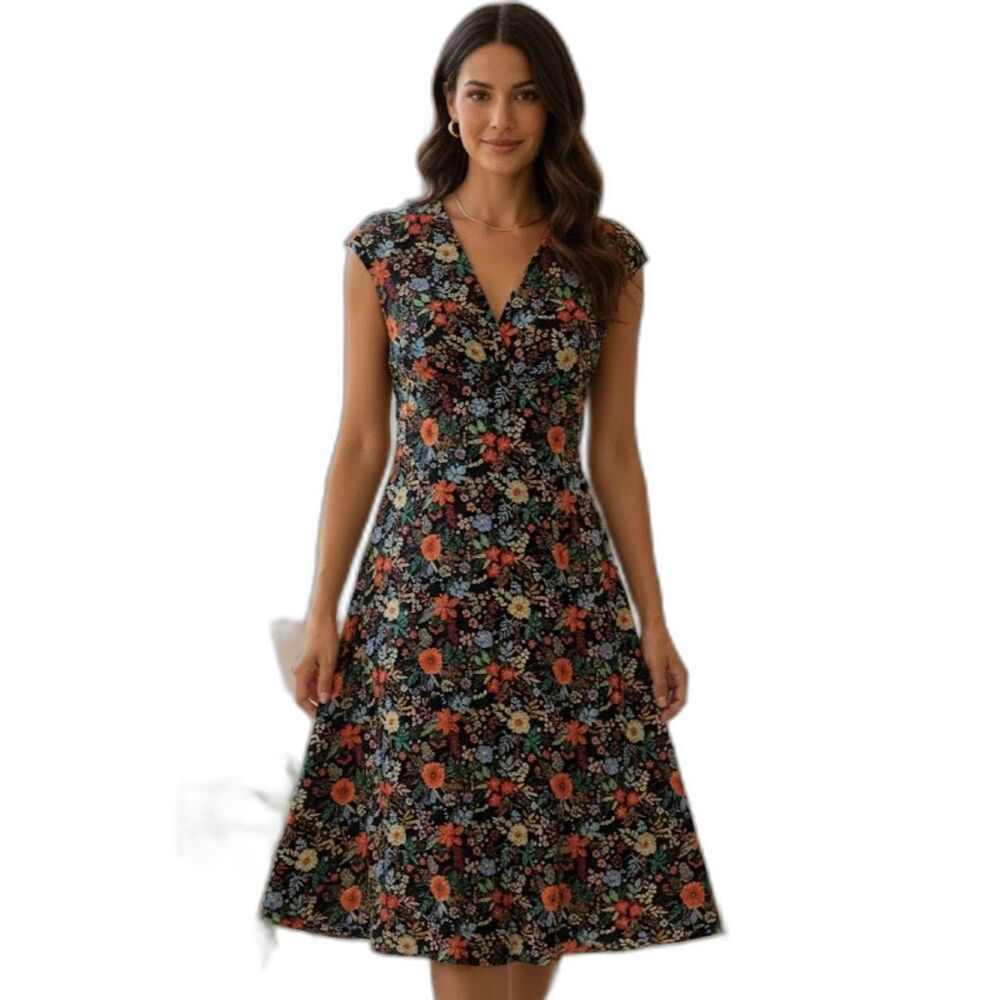 Anne Klein Floral A Line Belted Dress Size S Sleeveless Vneck Bright Colorful